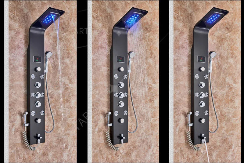 LED Light Bathroom Shower Panel Intelligent LCD Shower Column System with 6 Modes Rain Waterfall Massage Jet Bath Mixer Tap