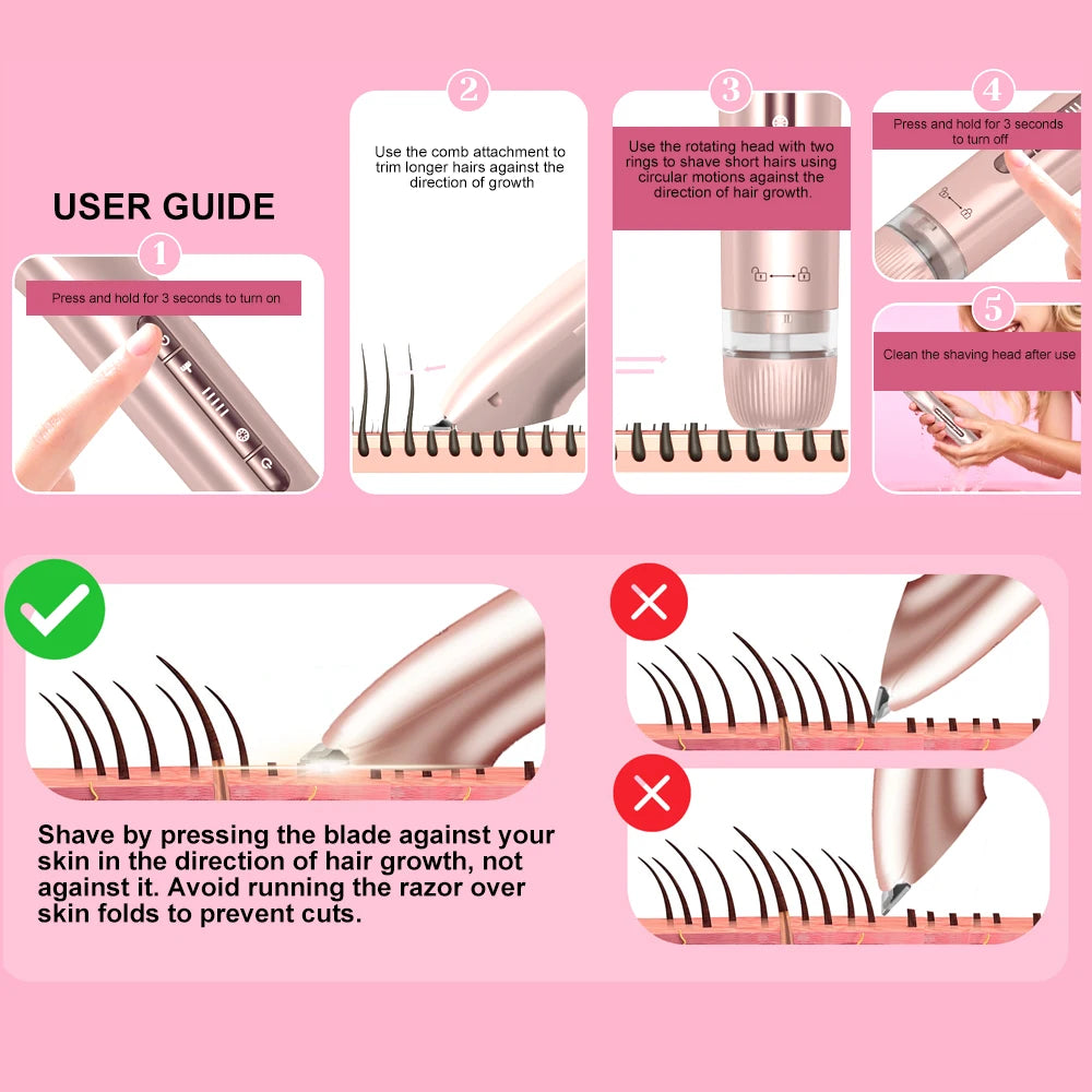 Electric Hair Trimmer 2-in-1 USB Rechargeable Waterproof for Women & Men Bikini Nose Eyebrows Trimming with Dual Heads