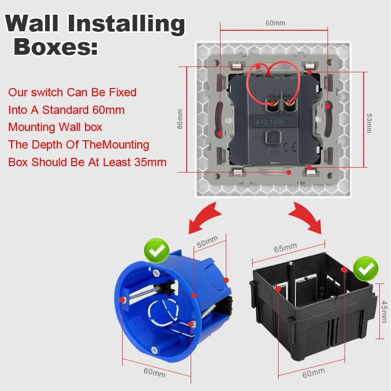 NYWP Luxury Crystal Tempered Glass Panel 1 Gang 2 Way Light Switch On / Off Wall Switch With LED Indicator 16A AC 250V