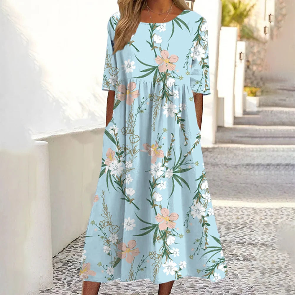 2026Summer New Arrival Women's Casual Crew Neck Pocket Short Sleeve Printed Dress
