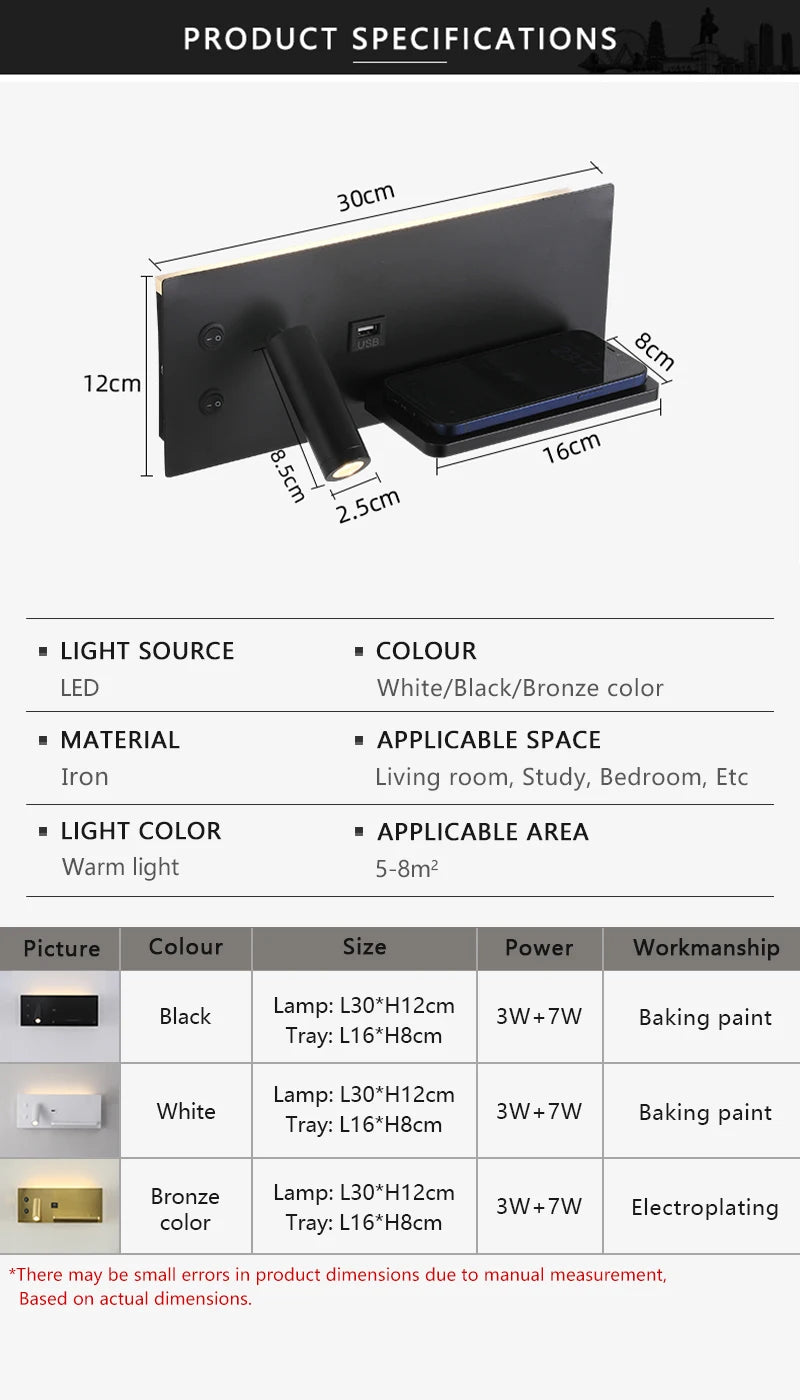 Modern LED Wall Lamp with Wireless Charger Simple Creative USB Interface Night Light Suitable for Living Room Bedroom Study