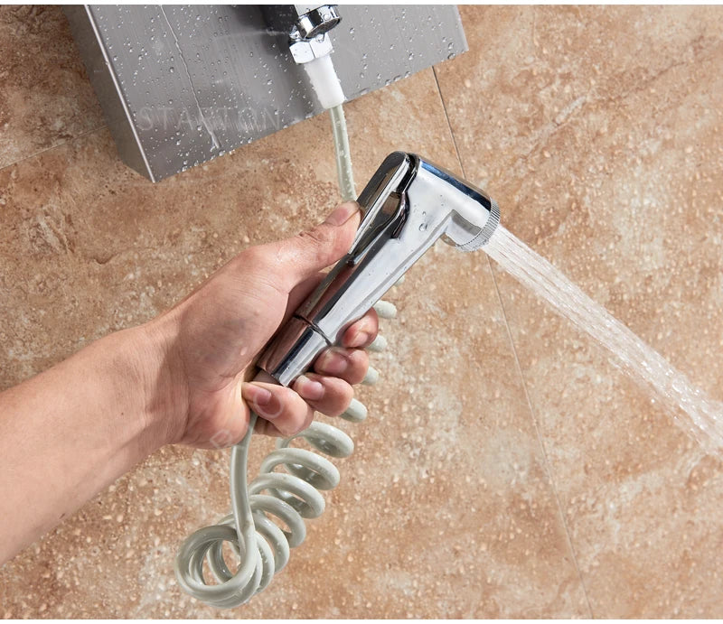 LED Light Bathroom Shower Panel Intelligent LCD Shower Column System with 6 Modes Rain Waterfall Massage Jet Bath Mixer Tap