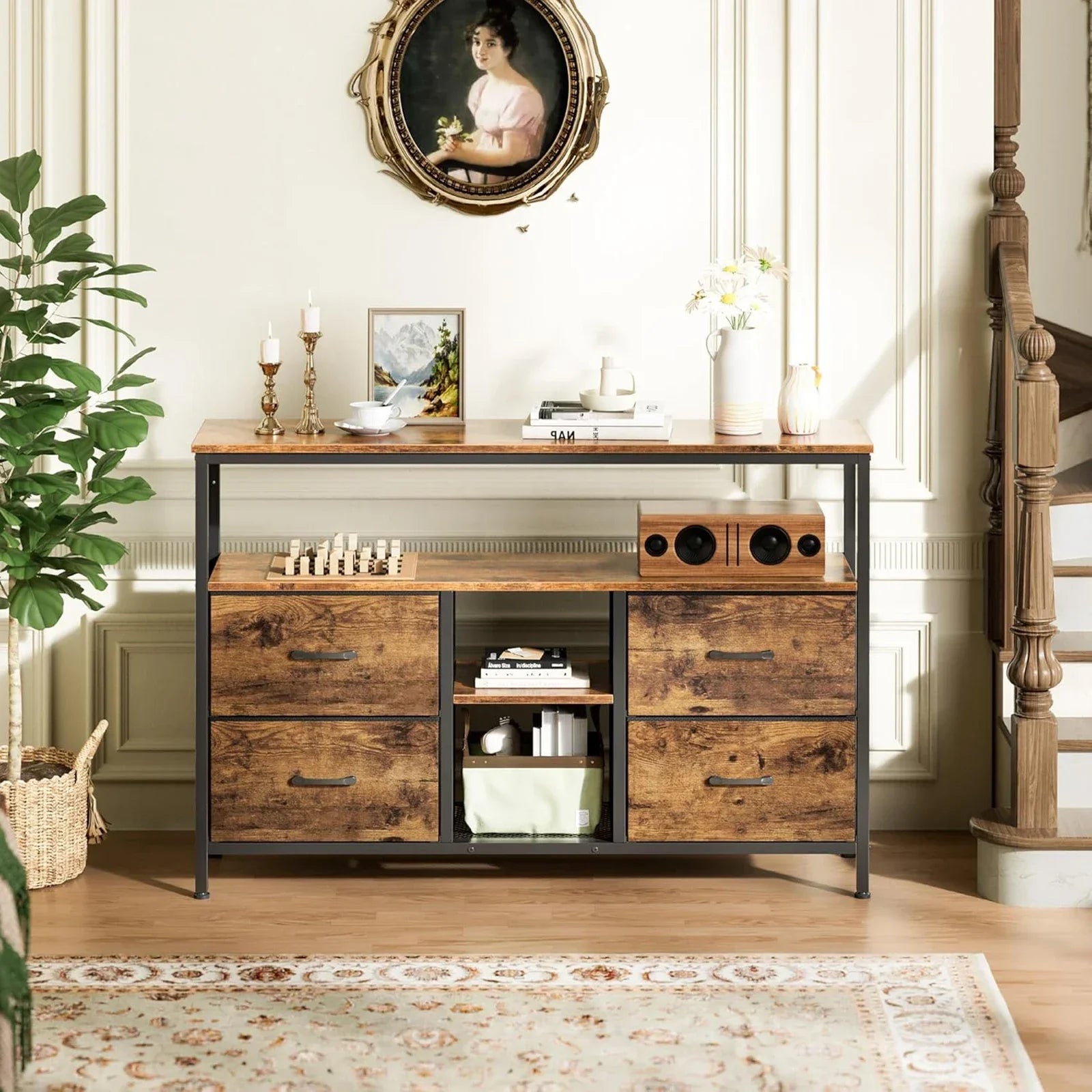 Rosahqnda TV stand with 4 drawers, TV cabinet, , adjustable shelves, TV table, TV cabinet living room furniture