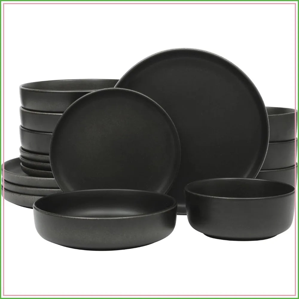 16pc Stoneware Dinnerware Set, Reactive Glaze Plates Bowls, Black