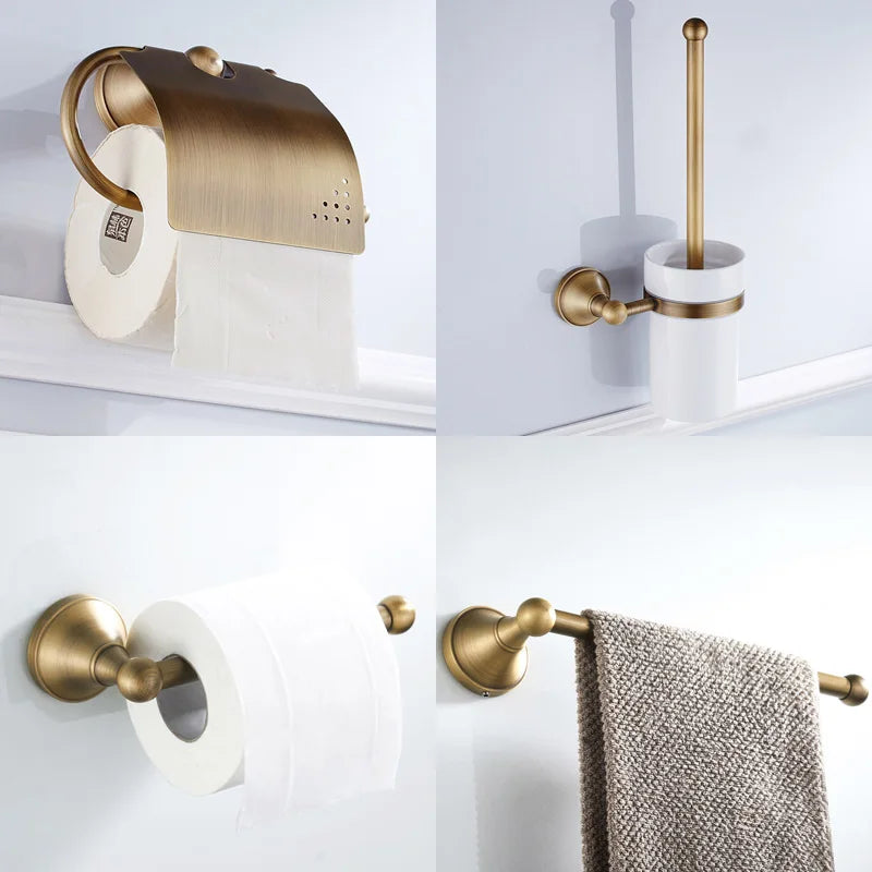 Antique brass plated wall-mounted towel rack bathroom hardware pendant set paper towel holder coat hook toilet brush ELA68A