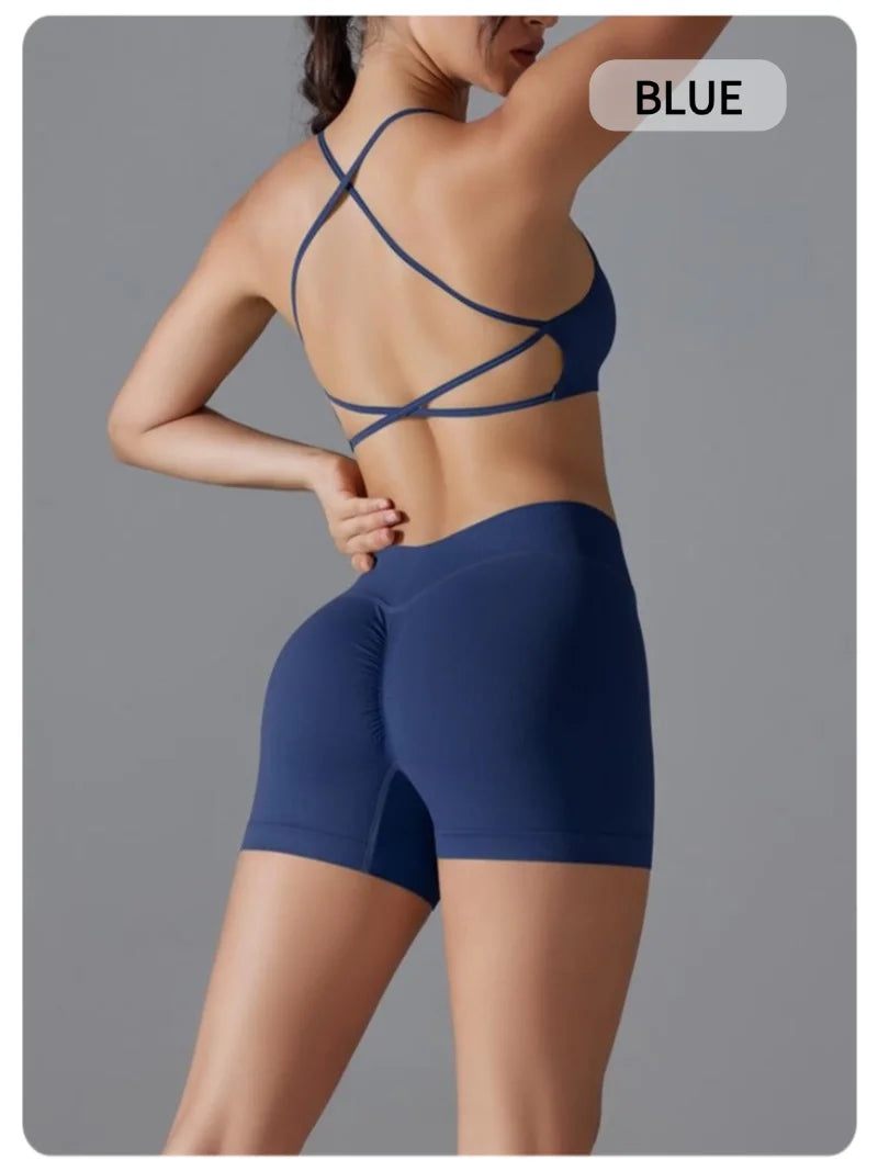 Women's Seamless Solid Color Cross Back High Elasticity Tight and Sexy Sports Bra Yoga Suit Set, Running and Fitness Two Pieces
