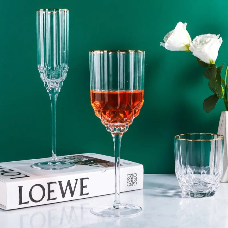1PC Gold Diamond Red Wine Glass European Light Luxury Crystal Glass Household Tall Champagne Cup Whiskey Foreign Wine