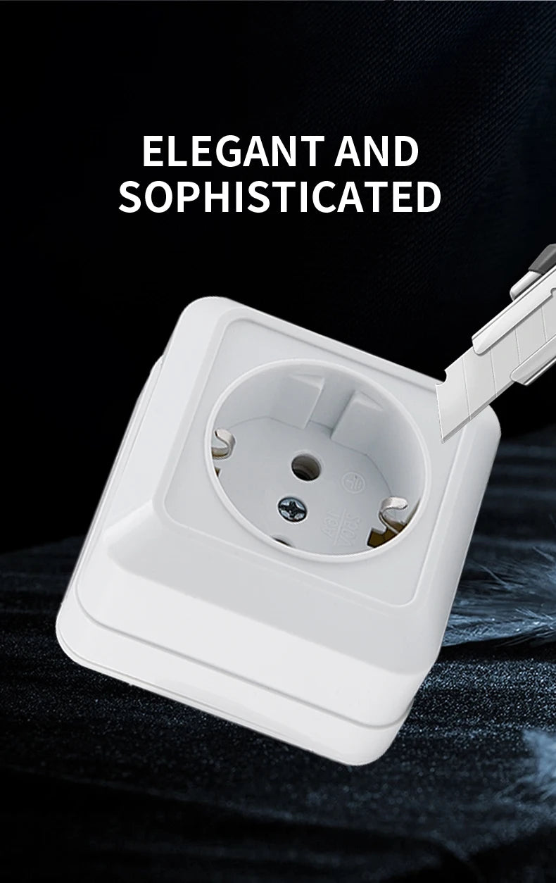 White Wall Mount Socket EU Standard Electrical Outlett Ground Vintage Surface Power Socket Plugs Flame Retardant Plastic