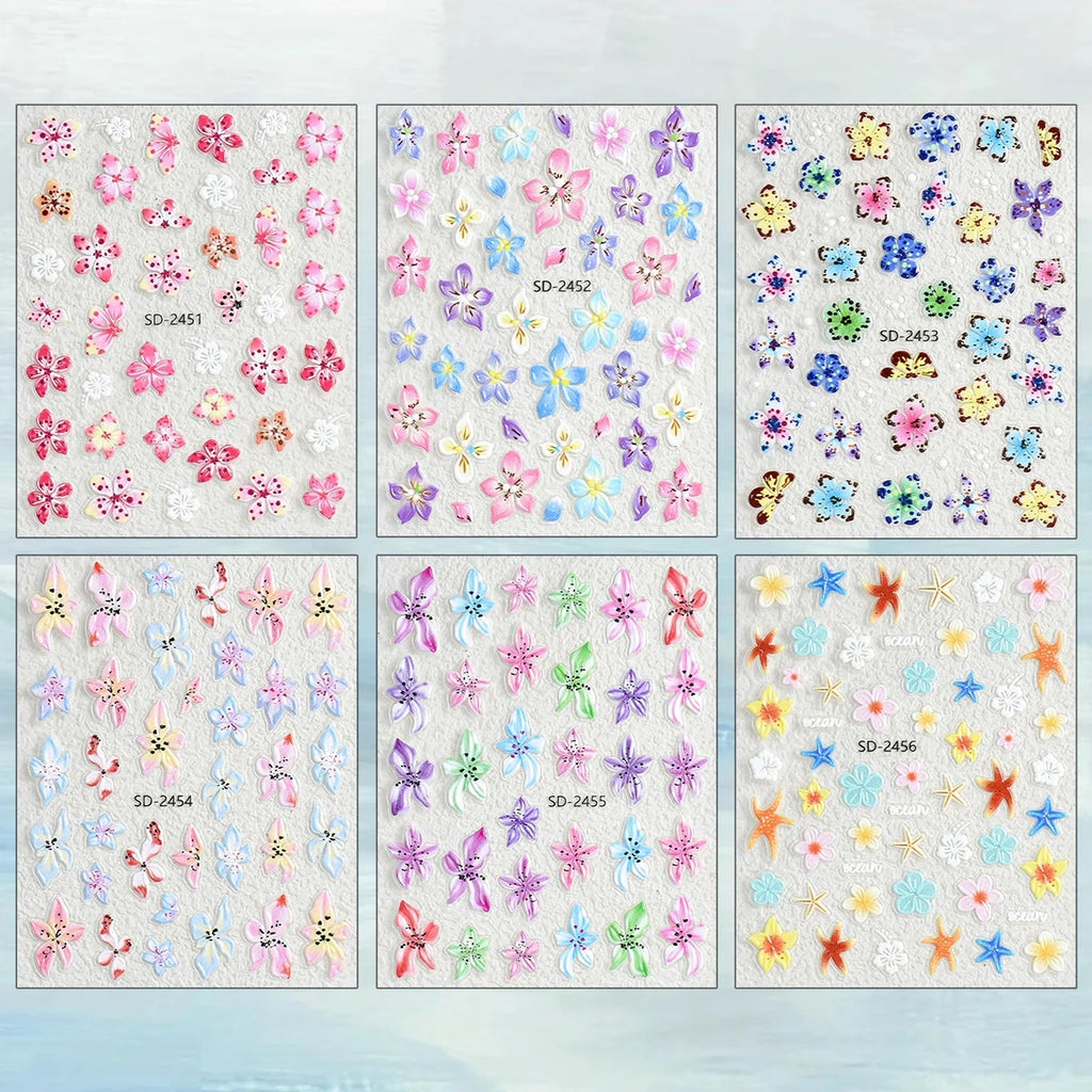 3 to 120 Sheets Tropical Flower Nail Stickers Hibiscus Butterfly Starfish Nail Decals 5D Embossed Self Adhesive Summer Nail Art