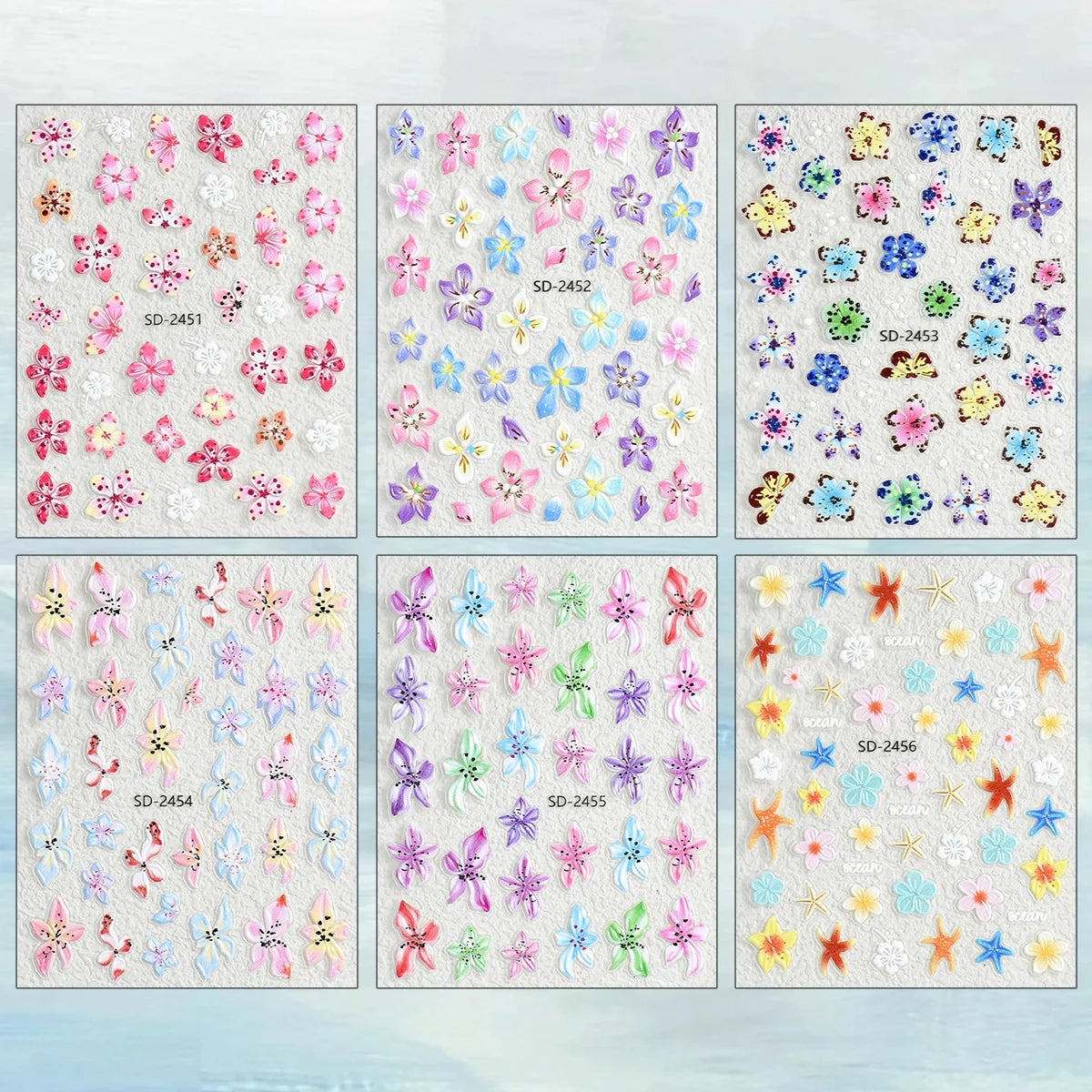 3 to 120 Sheets Tropical Flower Nail Stickers Hibiscus Butterfly Starfish Nail Decals 5D Embossed Self Adhesive Summer Nail Art