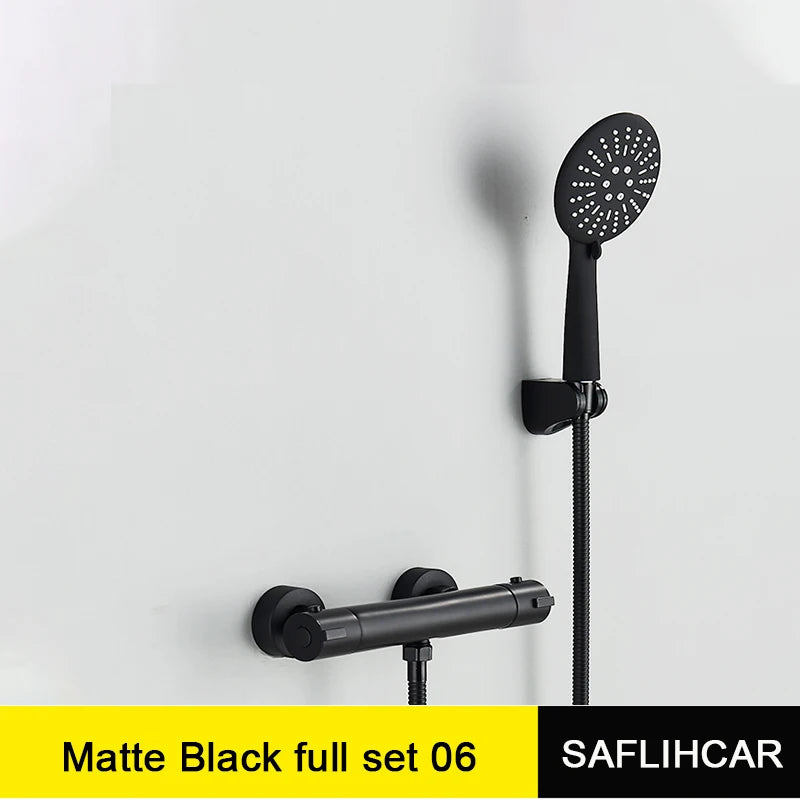 Black Thermostatic Bathroom Shower Faucet Dual Handle Bathtub Faucet Wall Mounted Mixer Tub Tap