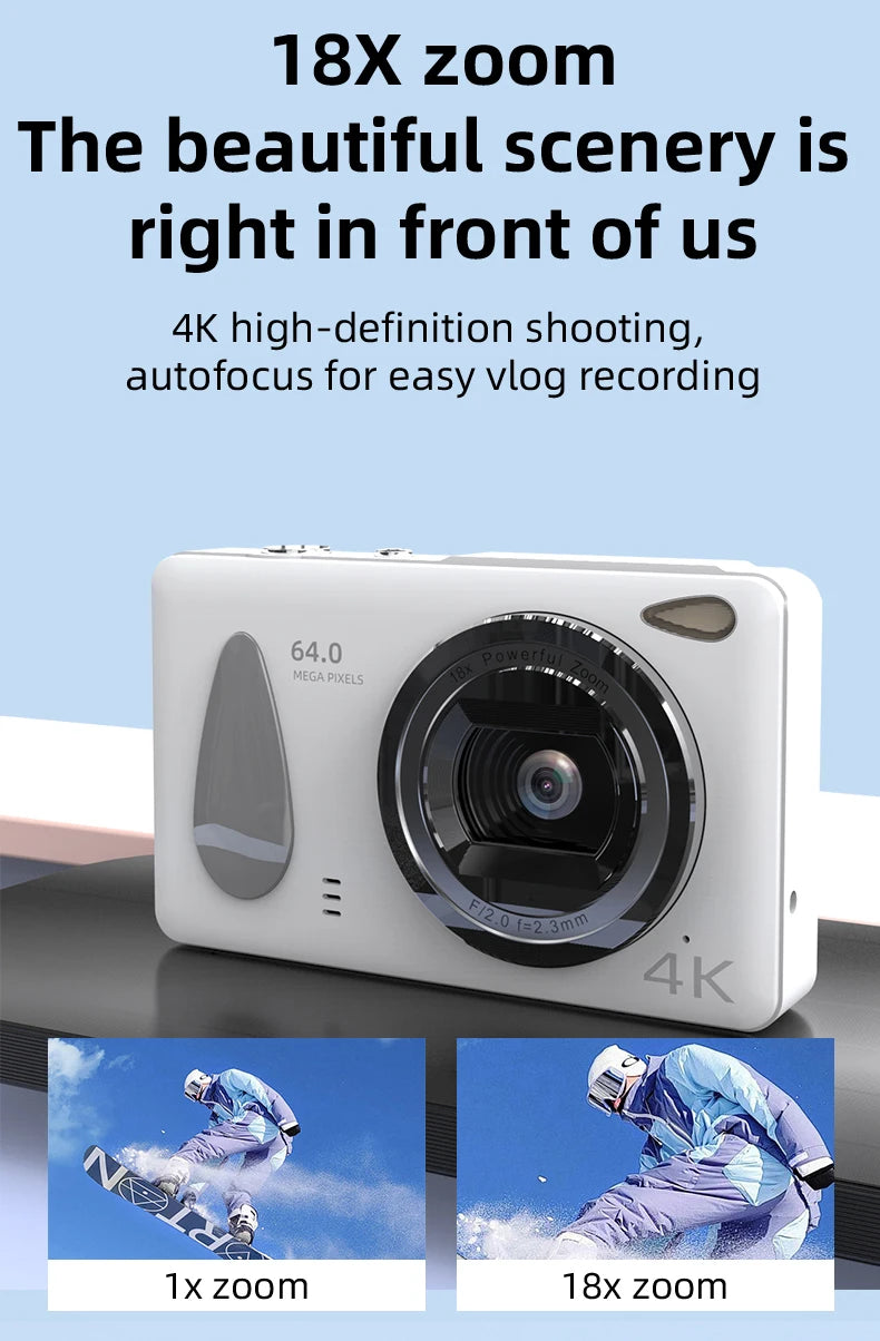 UHD 4K Digital Camera  2.4inch IPS Screen 18X Zoom Video 64MP Photo Compact Optical Camcorder Cameras for YouTube Vlog Photos