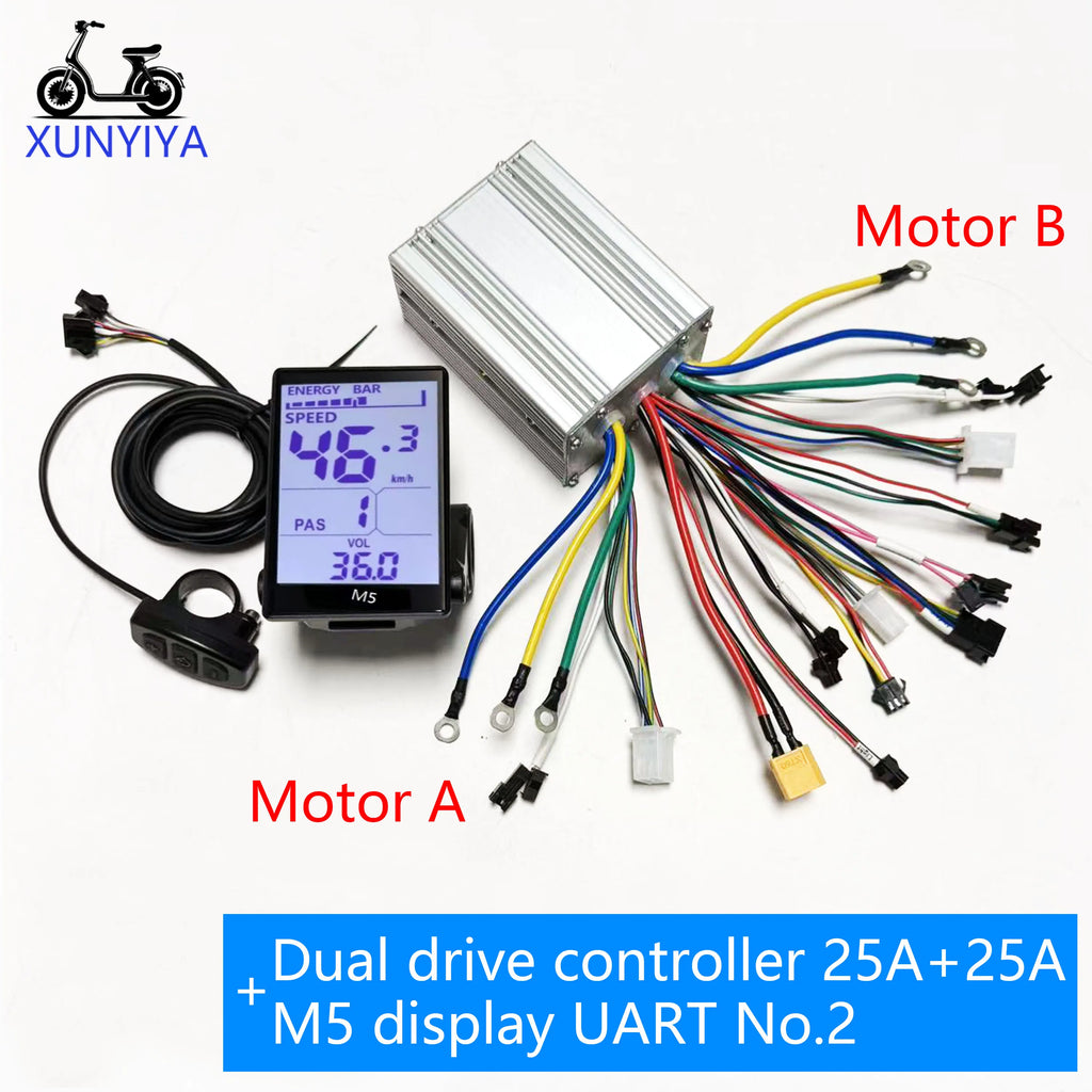 Sine Wave Dual Drive Brushless Motor Controller 25A+25A 500W+500W 36V 48V with M5 LCD Display UART No.2 for Two Motor e-bike