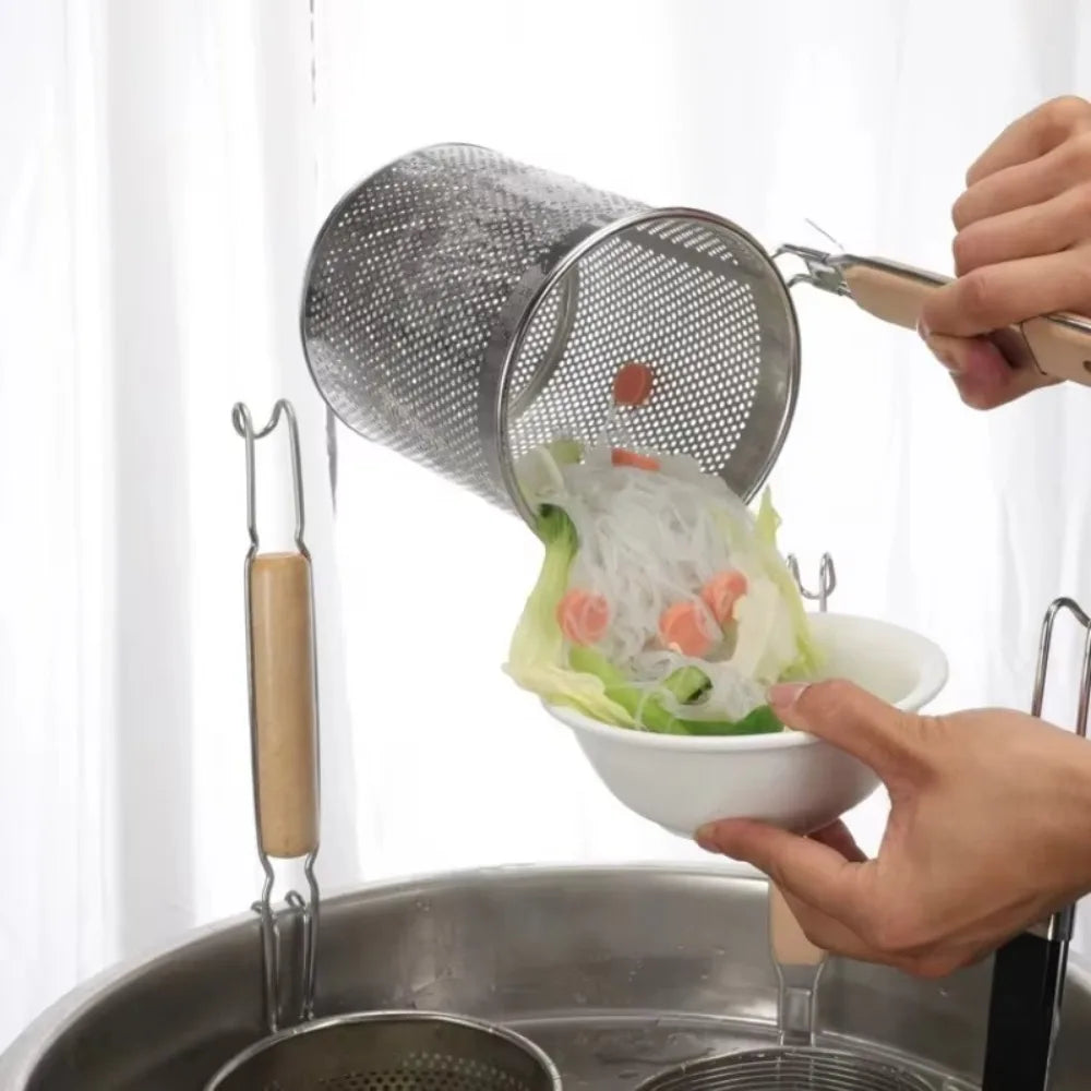Durable Thickened Stainless Steel Funnel Wooden Handle Multifunctional Pasta Basket Strainer Kitchen Gadgets Deep Fry Basket