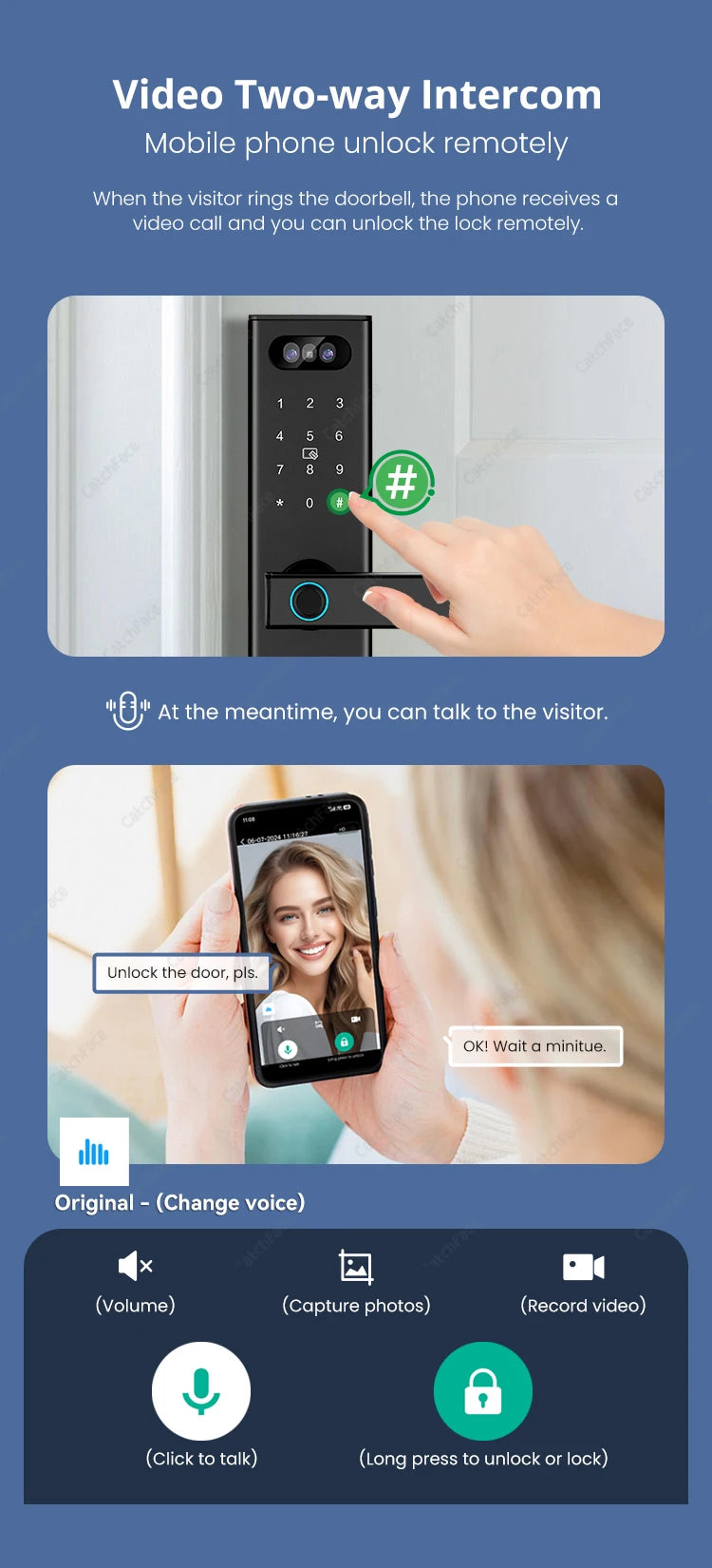 Facial Recognition Video call Automatic Door Lock TUYA Front Door Fingerprint Smart Lock Digit Camera Visible Inner Screen