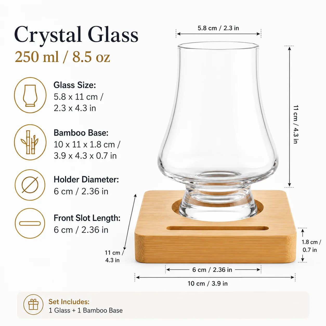Whiskey Tasting Glasses Set of 2 with Black Walnut Wood Base, 8.5 oz Crystal Glasses with Label Slots