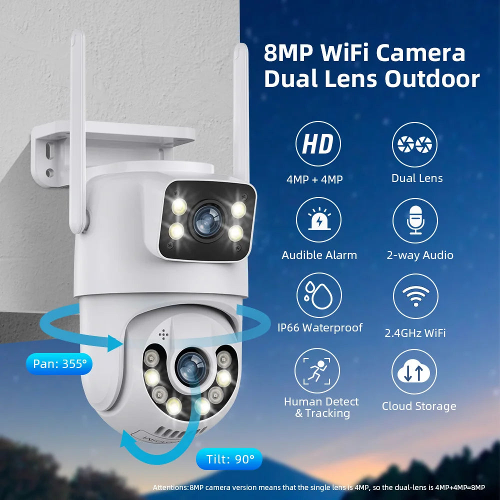 Outdoor Wireless Security IP Camera 4K 8MP HD Dual Lens External Wifi PTZ Camera Auto Tracking Street Surveillance Camera iCsee