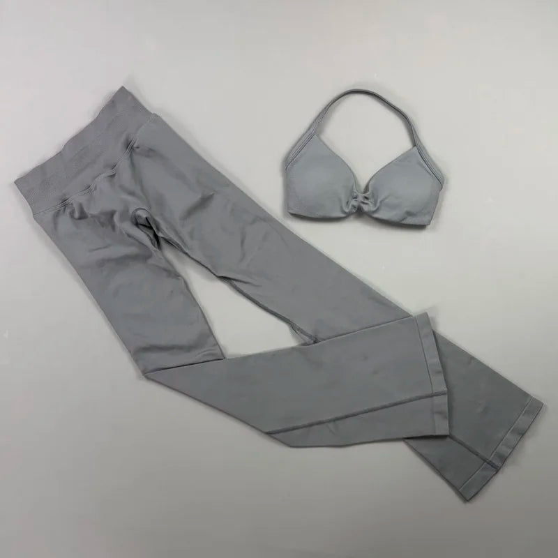 Sexy Women Flare Leggings Set Seamless Hip Lifting Fitness Flared Pants Suit Open Back Gym Strappy Bra Yoga Flares Legging Sets