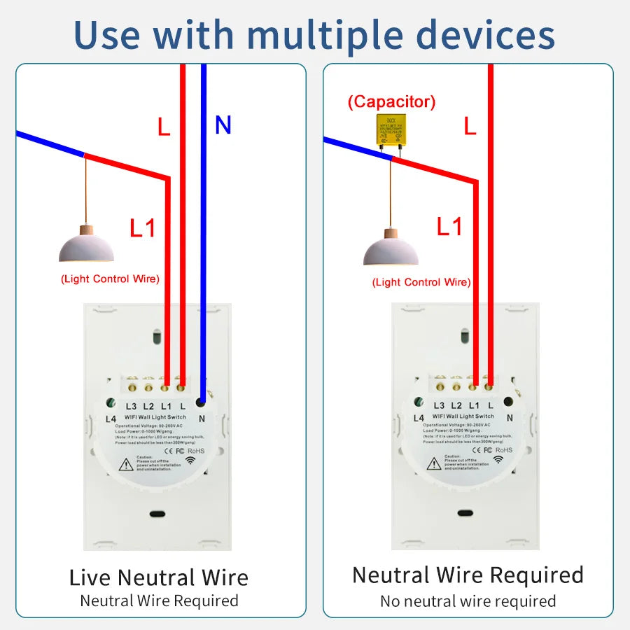 Smart Wifi Touch Switch Neutral Wire/No Neutral Wire Required US 1/2/3/4 Gang Light Switch Works with Tuya Smart Life App