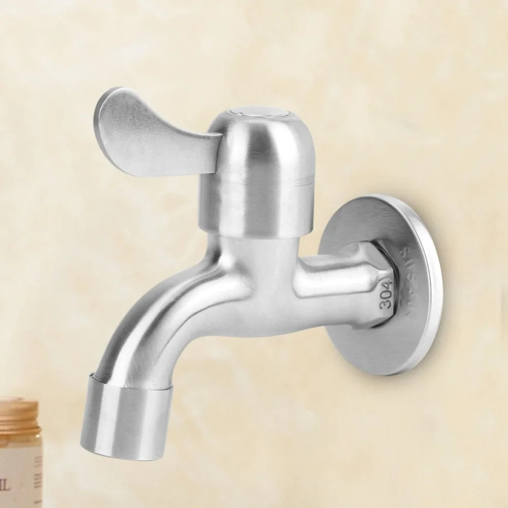 304 Stainless Steel Faucet G1/2 Inch Thread Single Lever Faucet Tap with Bubbler and Valve Wall Mounted Water Tap Garden
