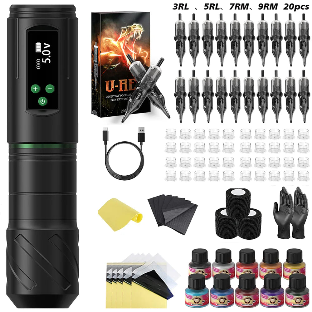 Kiss of Dragon Tattoo Kit Wireless Tattoo Machine Pen Kit 3.5mm Stroke Custom Motor 1600mAh LCD Screen Battery Complete Kit