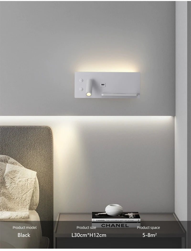 Multi functional wall lamp with switch, USB interface, LED mobile phone wireless charger, reading wall lamp, bedroom night light