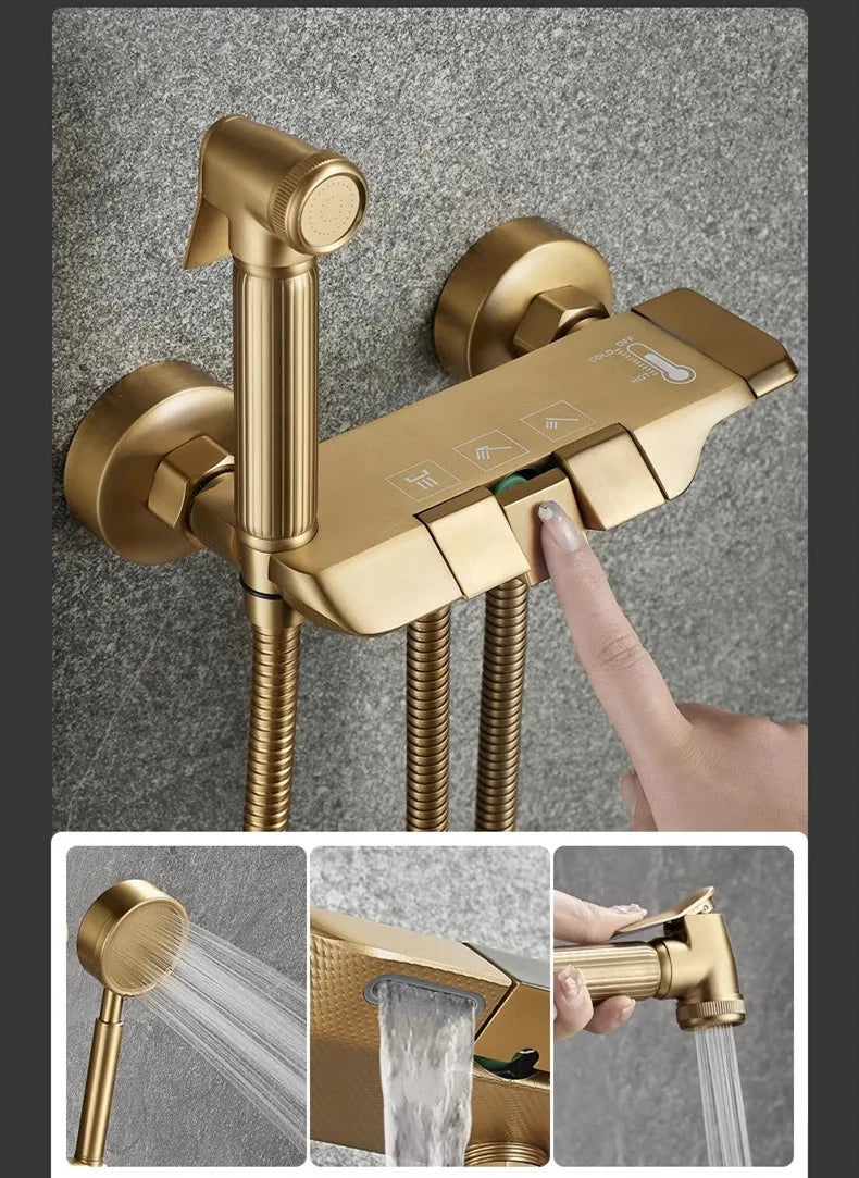 Tuqiu Brushed Gold Bathroom Shower Faucet Set Wall Mounted Shower Faucet, Bathroom Cold and Hot Bath and Shower Mixer Taps Brass
