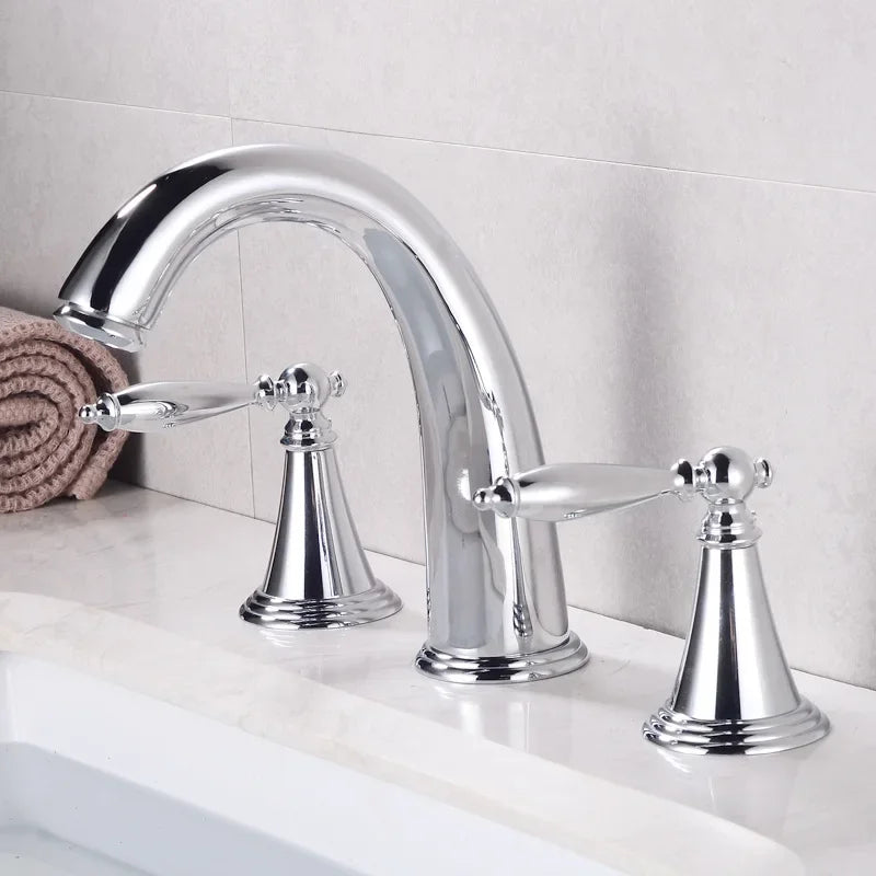 Basin Faucet 3 Holes Dual Control Bathroom Sink Faucet Deck Mounted Cold Hot Vintage Mixer Taps Bathtub Faucet