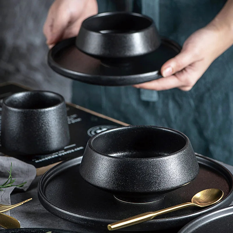 Matte Ceramic Tableware Bowl Plate Cup Set Nordic Retro Stoneware Dinner Bowl Salad Noodle Rice Bowl Dish For Home Restaurant