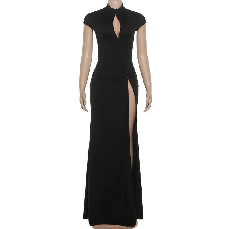 Chic Black Hollow Out A-line Maxi Dress Women Fashion High Neck Short Sleeve Slim High Split Dresses Sexy Evening Party Gowns