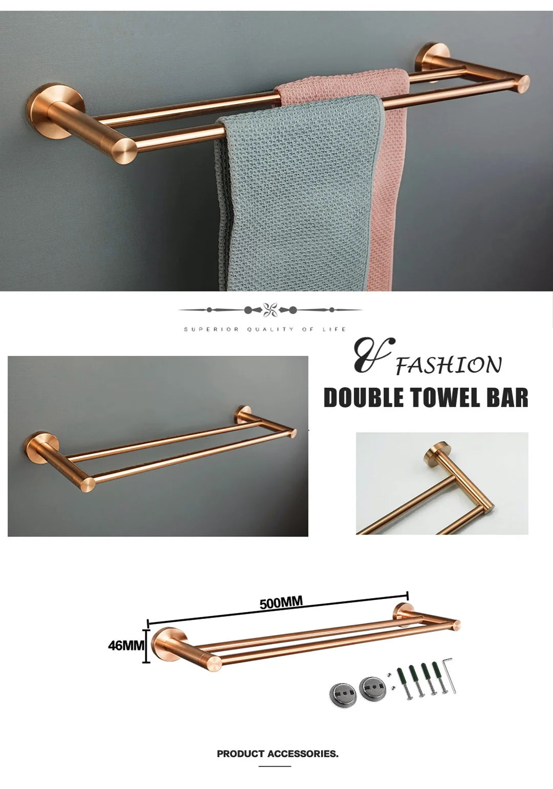 High-quality Brushed Rose Gold 304Stainless Steel Beautiful Wall Hook Toilet Paper Holder Towel Bar Bathroom Accessories