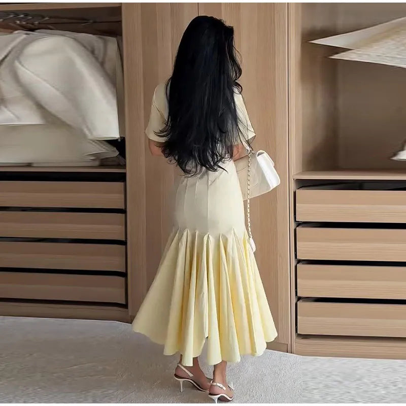 Elegant Pleated Waist-cinching Long Dress Women's Sexy V-neck Short Sleeve Bodycon Dresses 2026 Summer New Lady Solid Robes
