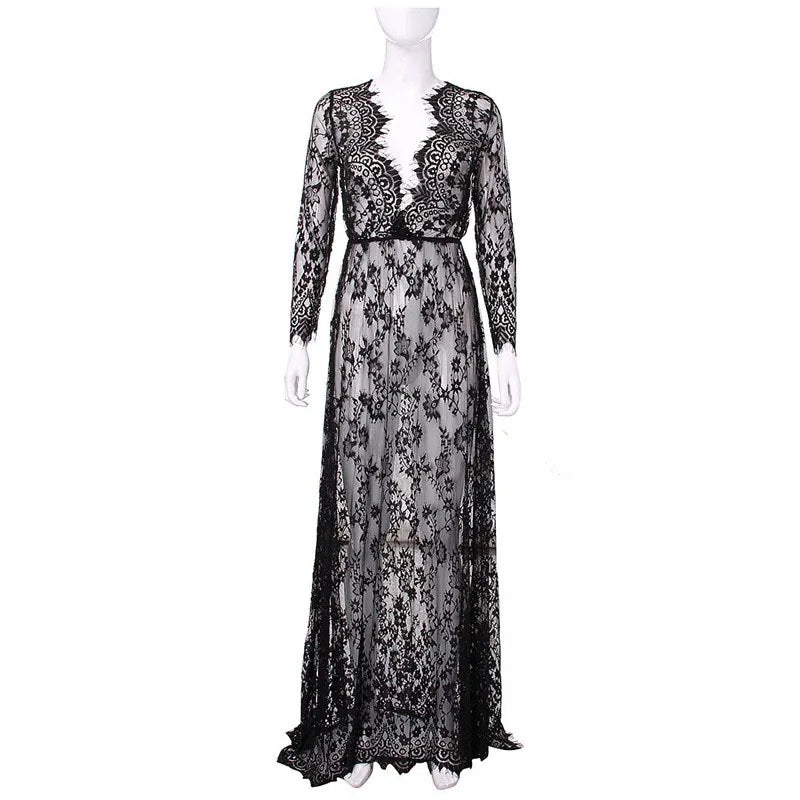 European Style Sexy Deep V Lace Mesh Long Sleeve Bodycon Maxi Dress Trailing Evening Party Dress