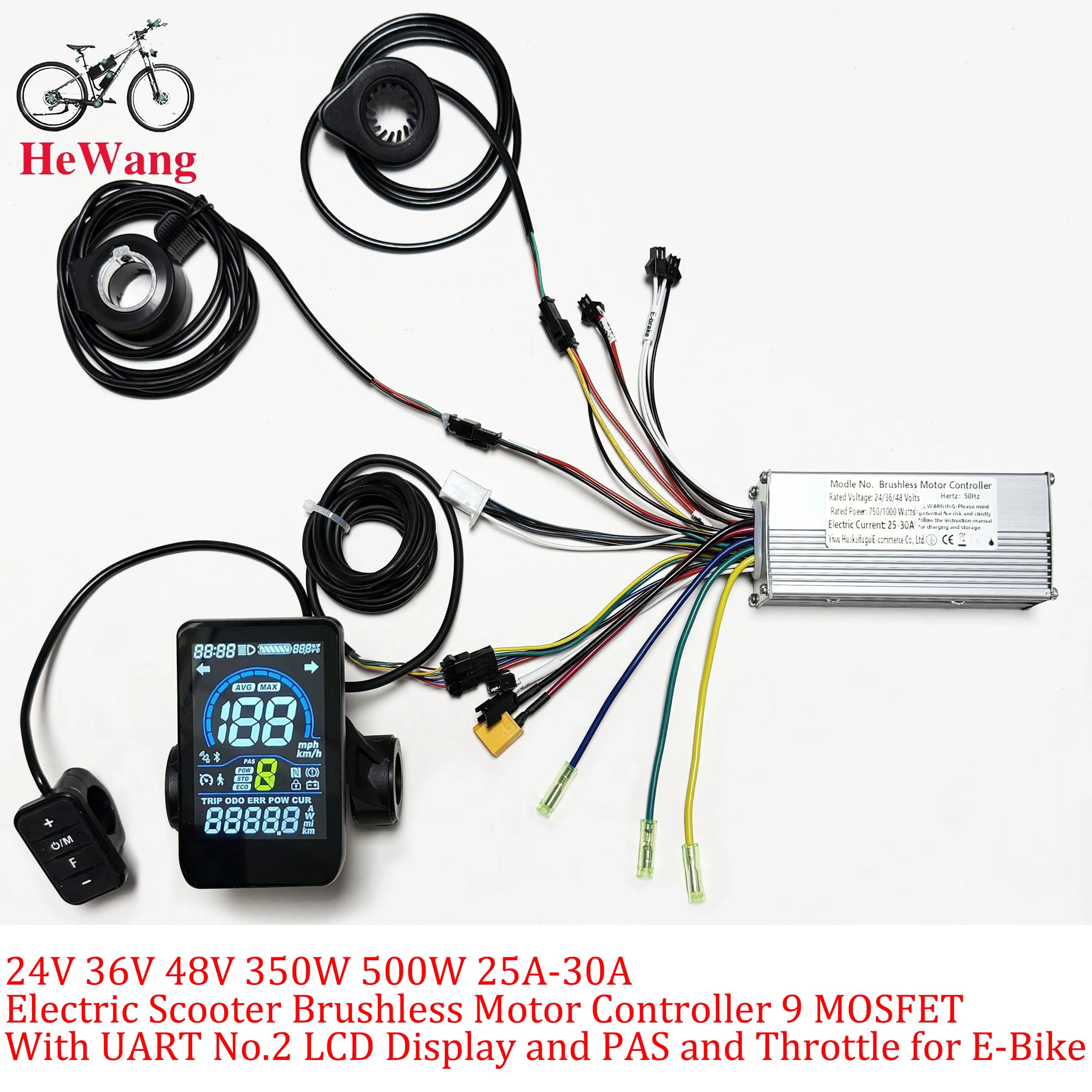 E-Scooter Brushless Motor Controller 9 MOSFET 24V 36V 48V 350W 500W 25A-30A With UART No.2 LCD Display, PAS,Throttle for E-Bike