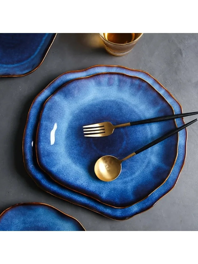 Nordic Style Blue Kiln Turned Ceramic Food Plate Steak Pasta Western Cuisine Plate Kitchen Utensils Dining Table Decoration