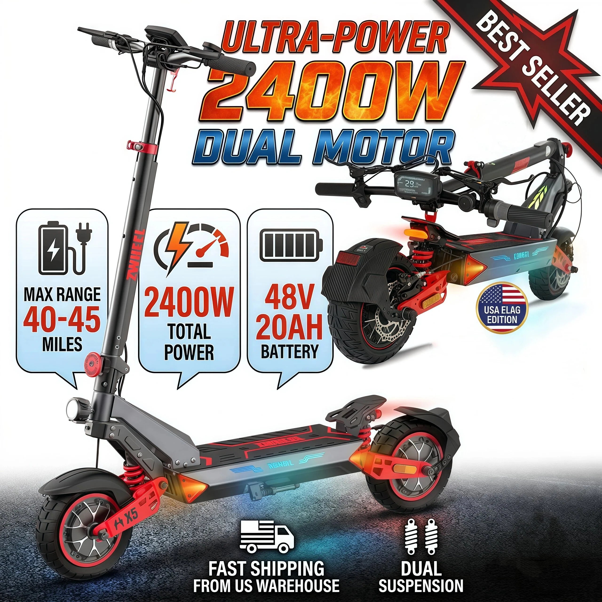 Electric Scooter Adults 2400W Dual Motor, 10" Off Road Tires, foldable, 48V 20Ah Battery, 45 Miles Long Range, Dual Disc Brake, US Stock