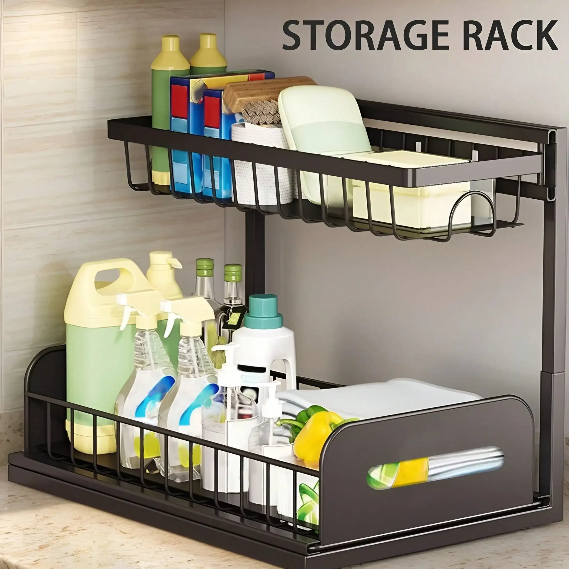 Under Sink Organizer Rack 2 Tier Under Sliding Cabinet Basket Organizer Drawer , Multi-Purpose Under Sink Storage For Kitchen