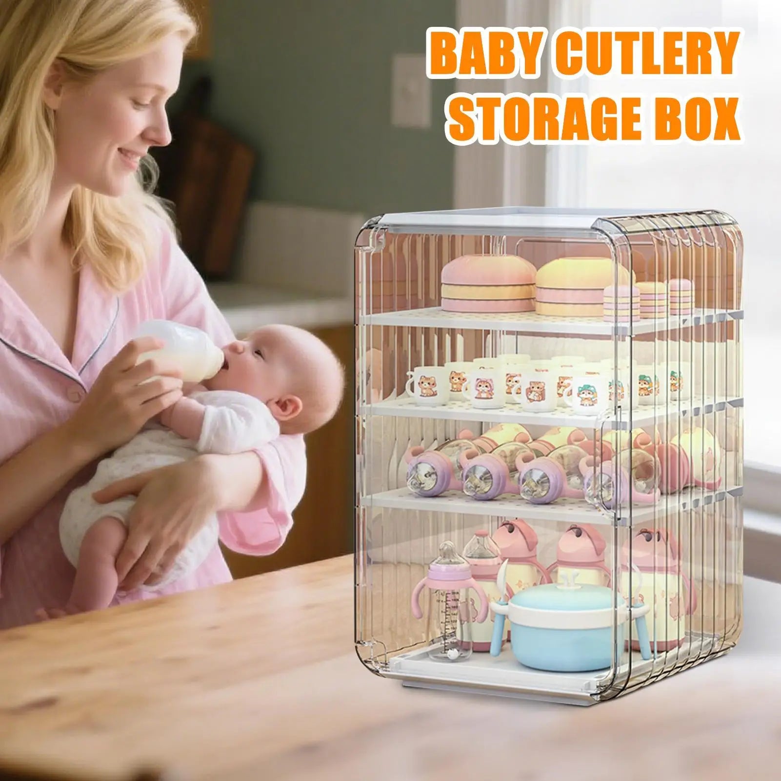 Kids Utensil Organizer Clear Adjustable Storage Rack for Baby Bottles Cups Plates Kitchen Countertop Fridge Dining Cabinet
