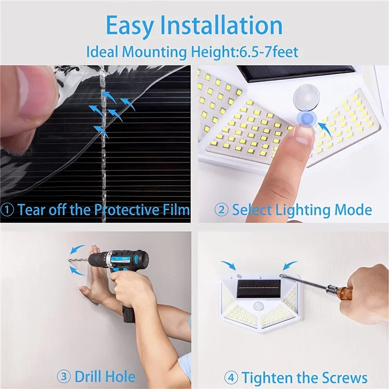 Solar Light Outdoor 100 LED Wall Lamp PIR Motion Sensor Lamp Waterproof Stairs Lights for Courtyard Garden Street Decoration