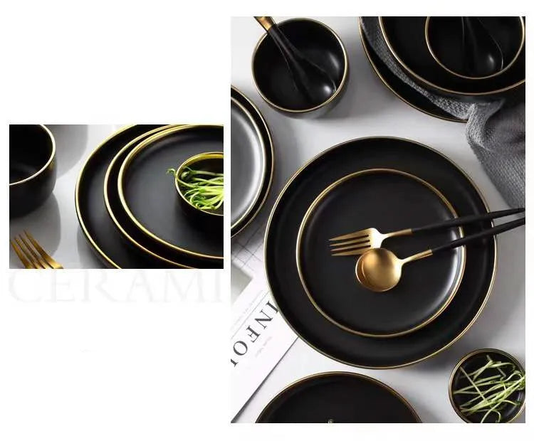 For1/ 4/6/8 Personal Black Porcelain Dinner Plates Set Ceramic Tableware Food Dishes Rice Salad Noodles Bowl Wiht Cutlery Set