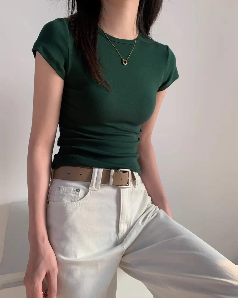 Green Slim Fit Short Sleeve T-Shirt Women's Summer New Style Pure Cotton round Neck Body Shaping Slimming Commute Style Korea...