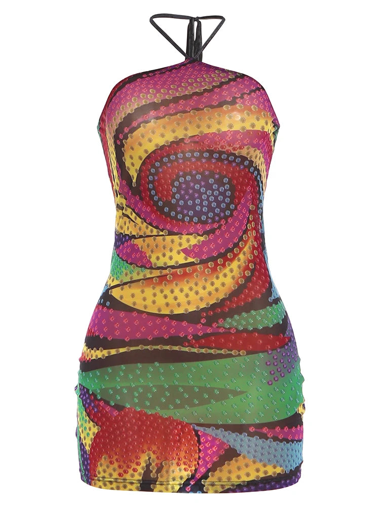 Kliou Colorful Print Mini Dress Woman Lace-Up Halter Off Shoulder Backless Skinny Wrap Hip Midnight Club Party Fashion Bodycon