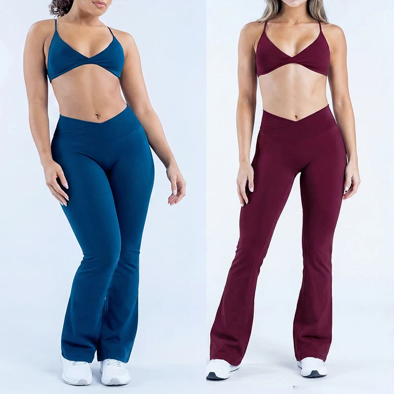 LOG0 Women Yoga Set Twist Front Sports Bra V Waist Flare Pants Seamless Gym Workout Fitness Activewear Sportswear 2 Piece Set