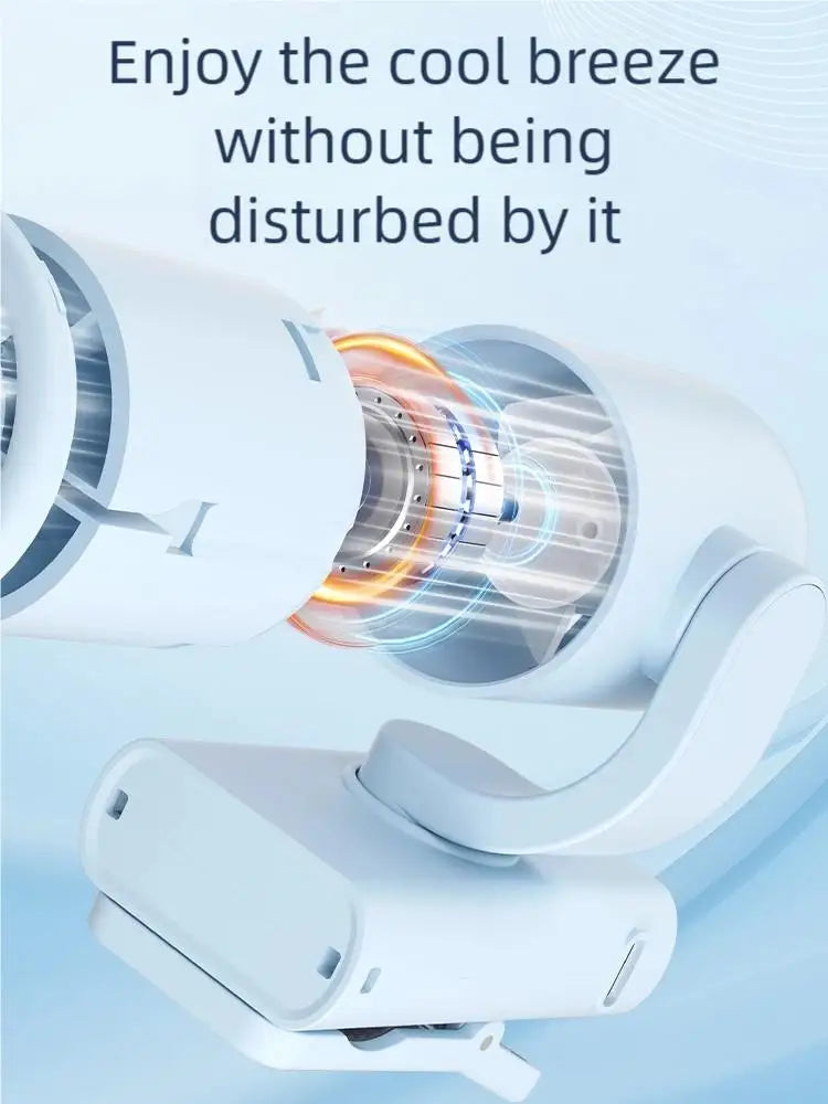 Portable rechargeable clip-on fan, rotating hanging fan with air-cooling function, suitable for outdoor and camping use. The fan