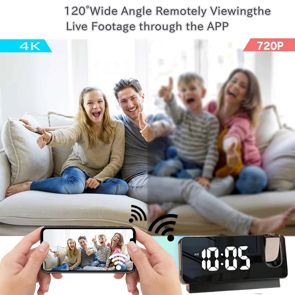 HD 4K Mini Projection Clock Camera Supports Motion Detection, WIFI Wireless Remote Viewing, Motion Detection, Home Camera
