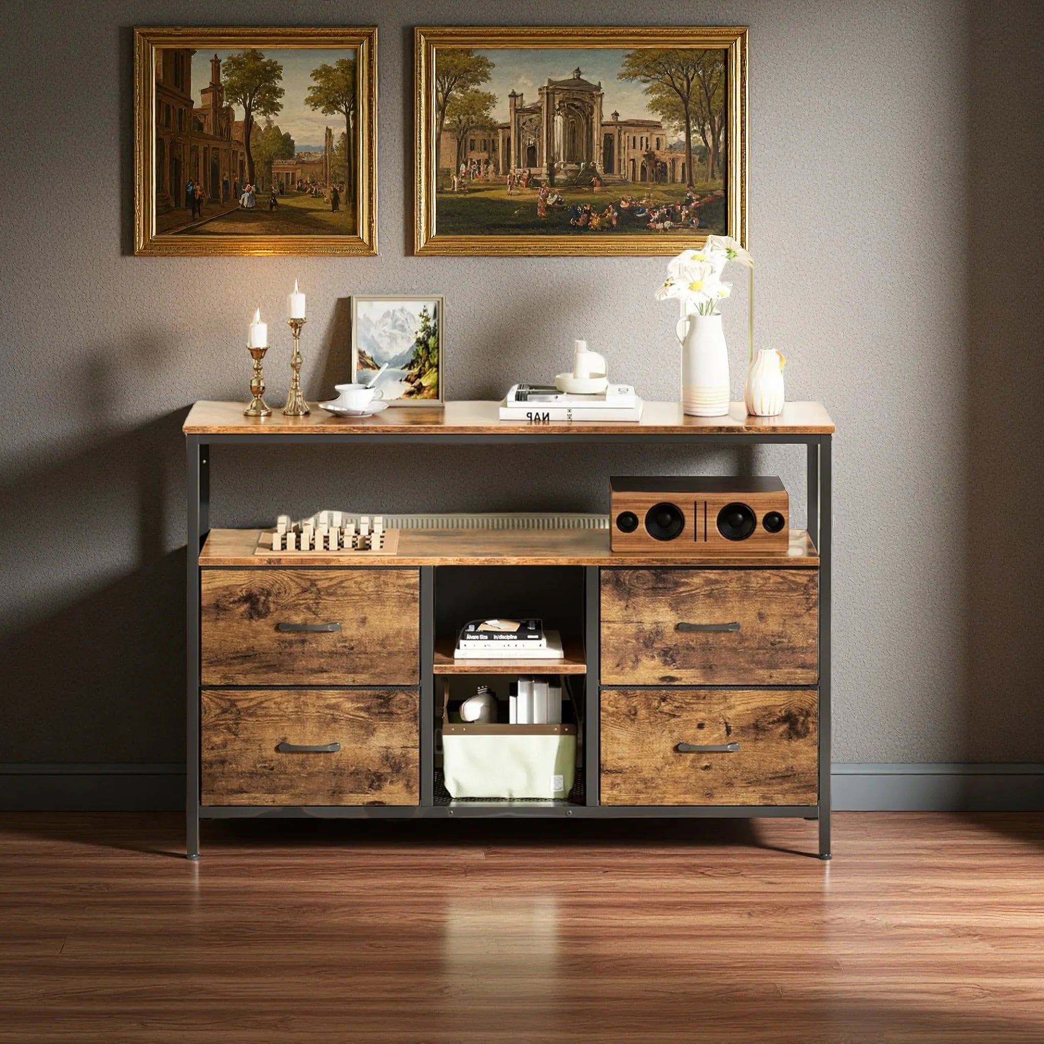 Rosahqnda TV stand with 4 drawers, TV cabinet, , adjustable shelves, TV table, TV cabinet living room furniture