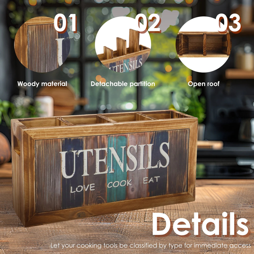 4 Compartments Countertop Utensil Holder Wood Kitchen Storage Box Spatula Chopsticks Spoon Fork Storage Holder Cutlery Organizer