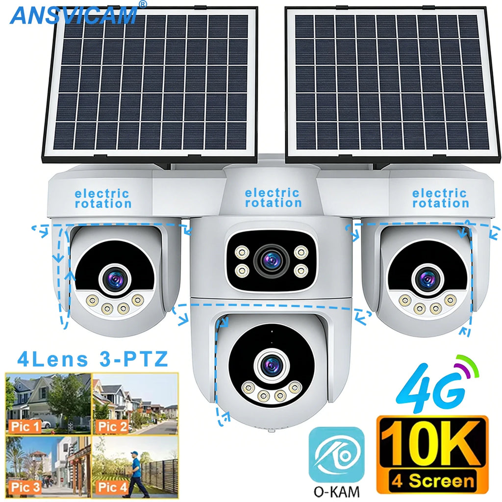 4-Screen 4G Solar Security Camera 20MP PTZ Outdoor Cam with AOV Mode 5X Zoom 12000mAh Battery Wireless CCTV Surveillance O-kam