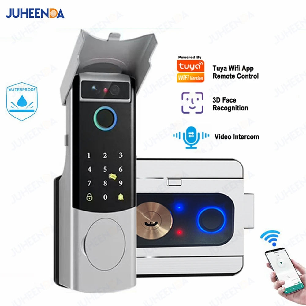 Tuya WiFi APP Double-Sided Fingerprint Smart Lock Waterproof Gate Iron Door RFID Digital Face Recognition Lock Video Intercom
