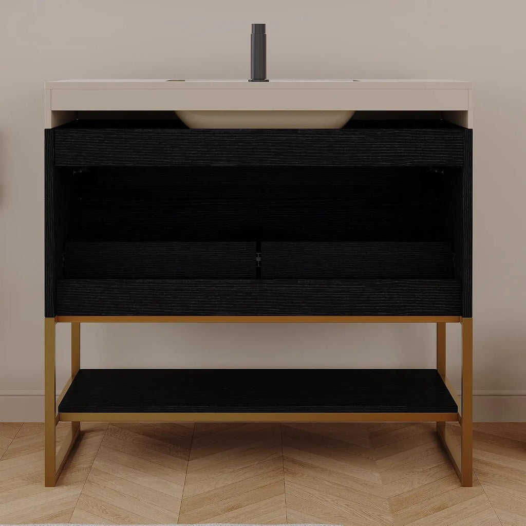 36" Bathroom Vanity with Sintered Stone Countertop – 1 Flip-Up Drawer + 2 Soft-Close Drawers + Open Shelf, Multi-Layer, Custom